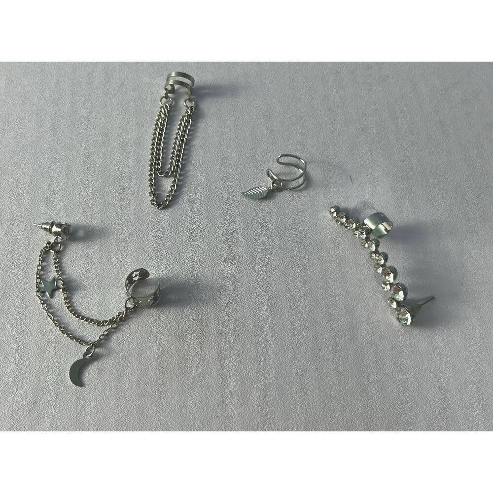 Silver Tone Ear Cuff Climber Earring Lot Moon Star Rhinestone Y2K Festival